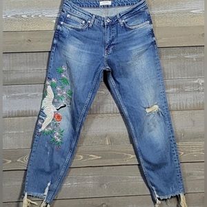 Zara Mid-Rise Boyfriend Jeans With Embroidery